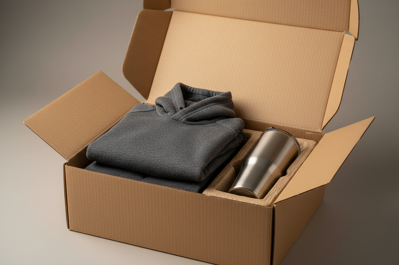 How do custom packaging decisions—such as box structure, flute profile, print method, and dimensional clearance—impact the total landed cost of branded merchandise and onboarding kits?