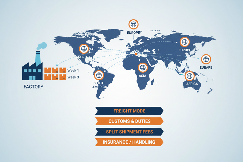 How do freight modes, dimensional weight, split distribution, and Incoterms transform catalog FOB prices into true landed unit costs across multi-location merchandise programs?