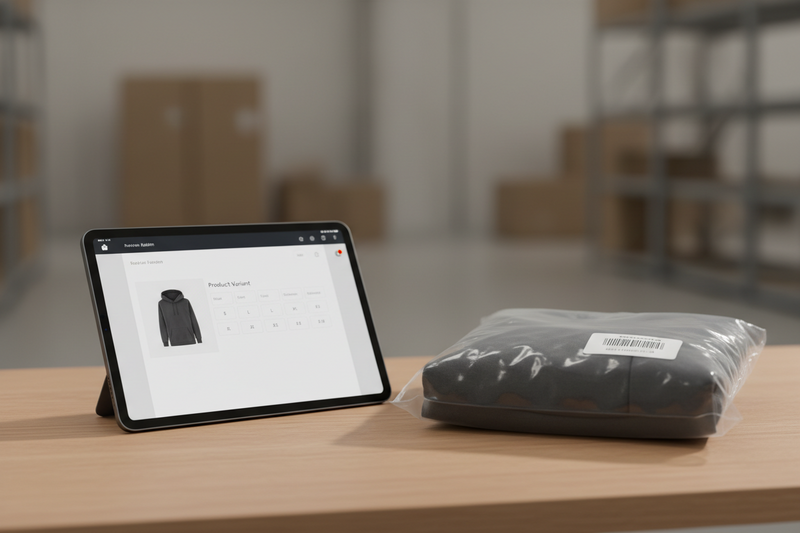 How do e-commerce merchants and fulfillment operators set up and launch custom merchandise on Shopify while aligning digital SKU structures with physical warehouse logistics, sample validation, and inventory synchronization?