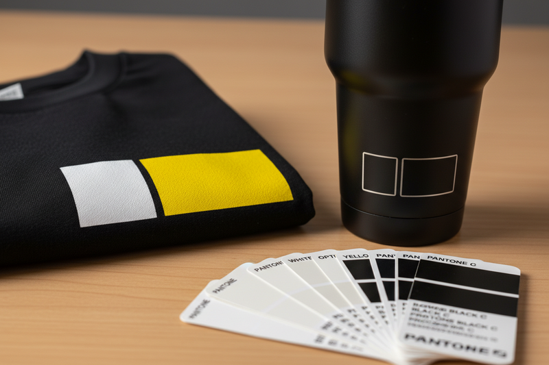 What logo colors and decoration techniques deliver the highest visual contrast, brand compliance, and physical durability when applied to black apparel, drinkware, and tech accessories?