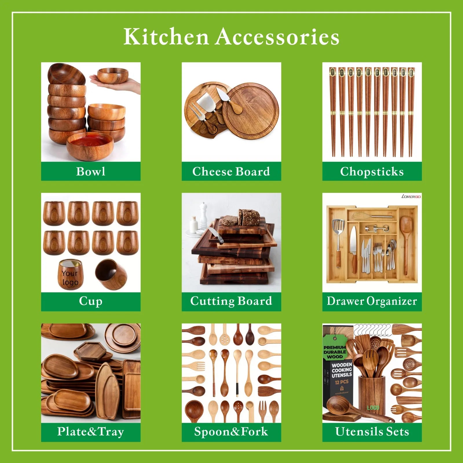 Acacia Wood Utensil Set 12-Piece | Custom Logo | Dishwasher Safe