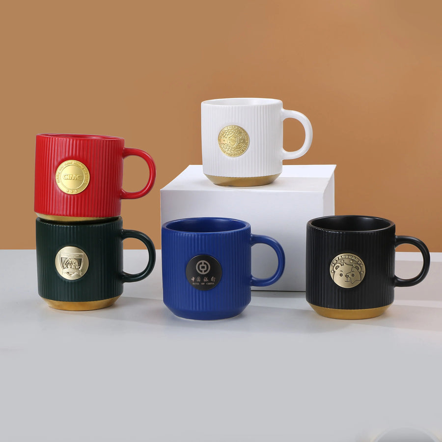 3D Embossed Metal Logo Mugs | 300 MOQ | 15-Day Lead Time