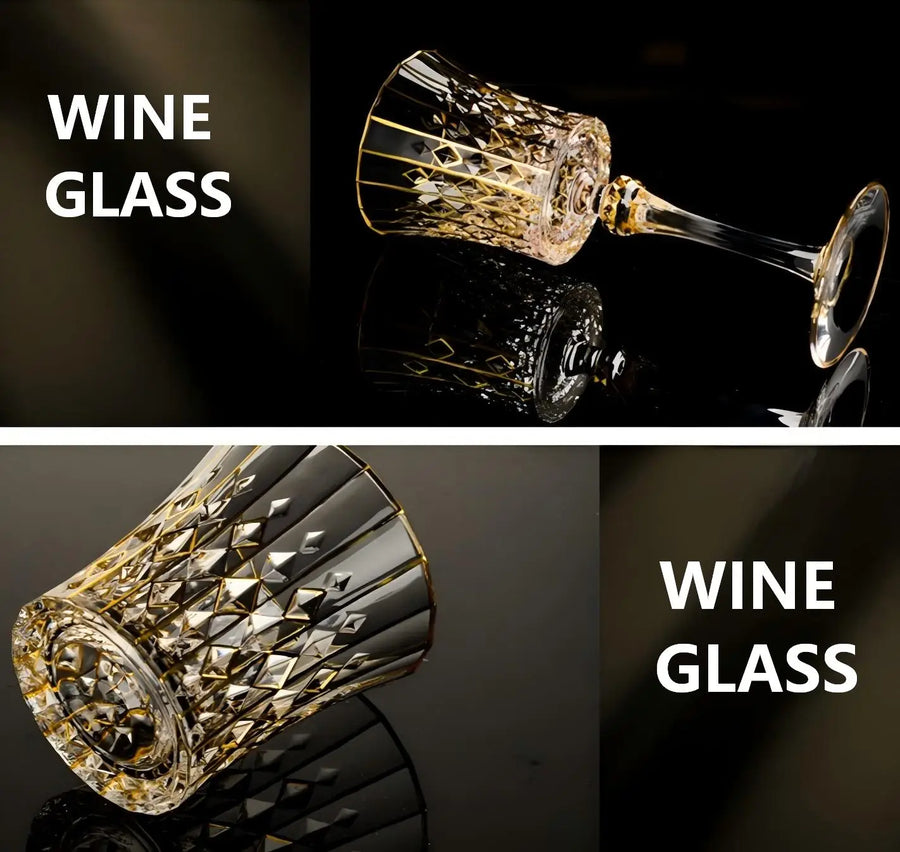 Custom Lead-Free Crystal Glasses: 96 MOQ, 24K Gold Trim | Hand-Blown Vintage Wine Goblet Set