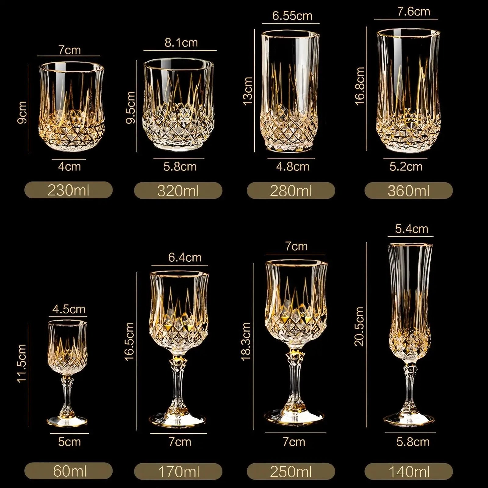 Custom Lead-Free Crystal Glasses: 96 MOQ, 24K Gold Trim | Hand-Blown Vintage Wine Goblet Set