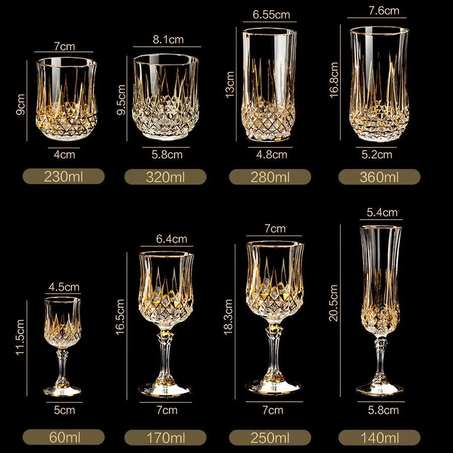 Custom Lead-Free Crystal Glasses: 96 MOQ, 24K Gold Trim | Hand-Blown Vintage Wine Goblet Set