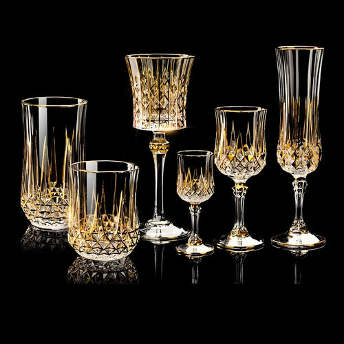 Custom Lead-Free Crystal Glasses: 96 MOQ, 24K Gold Trim | Hand-Blown Vintage Wine Goblet Set