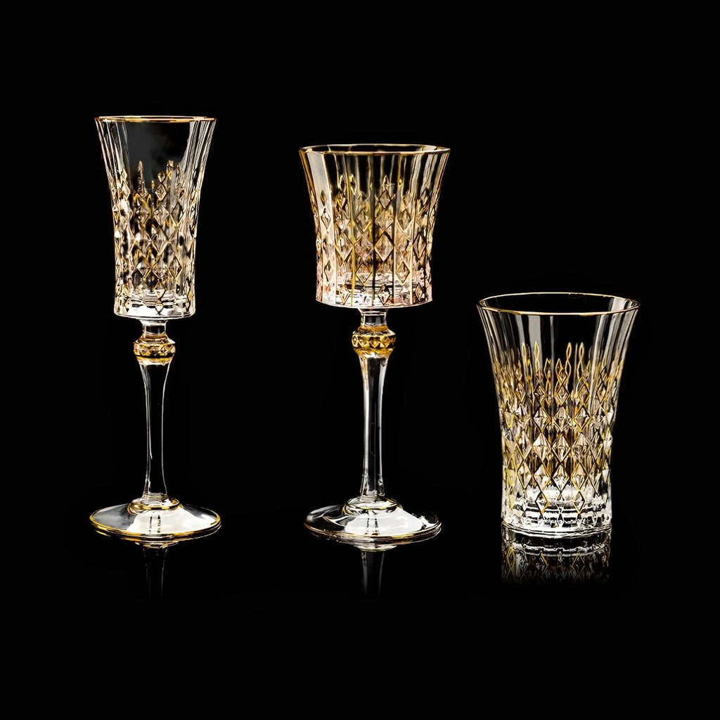 Custom Lead-Free Crystal Glasses: 96 MOQ, 24K Gold Trim | Hand-Blown Vintage Wine Goblet Set