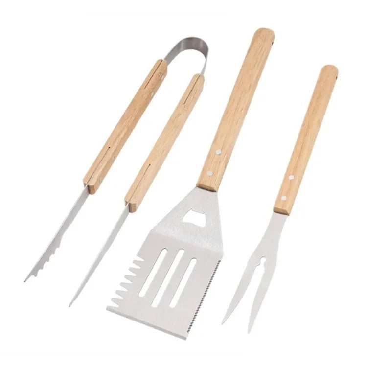 Custom Wooden Handle BBQ Tool Set: Stainless Steel, Laser Engraved Logo, MOQ 100 for Grilling & Camping
