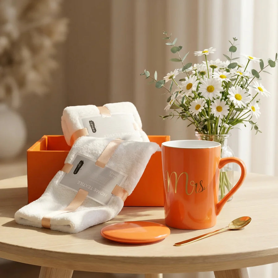 Custom Logo Ceramic Mug Gift Set with Lid & Towel | MOQ 50