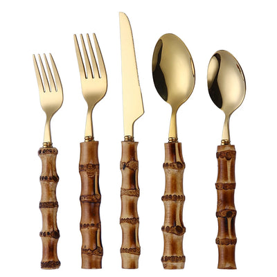 Vintage Bamboo Handle Flatware Set | Gold Mirror Polish | Custom Logo