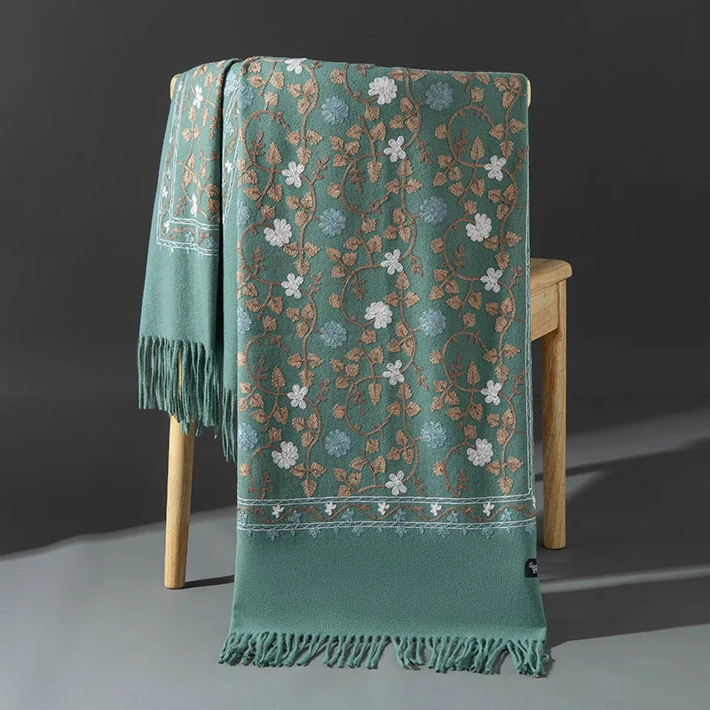 Embroidered Winter Polyester Scarf | Floral Design | Tassel Finish | 1 MOQ | Modest Fashion
