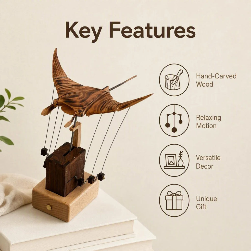 Handcrafted Walnut Music Box | Manta Ray Desk Ornament | Anxiety Relief Gift