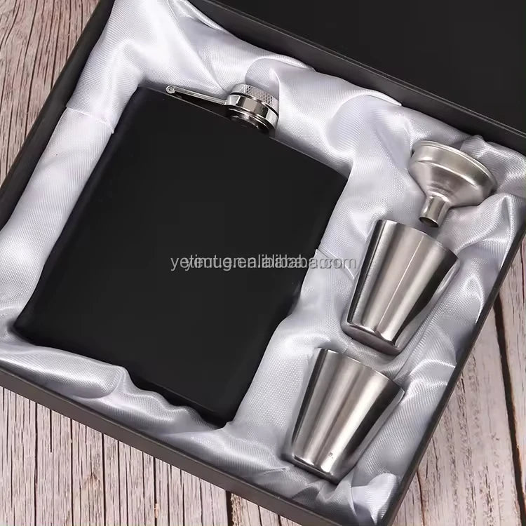 Custom Metal Flask with Logo — Matte Black Gift Set