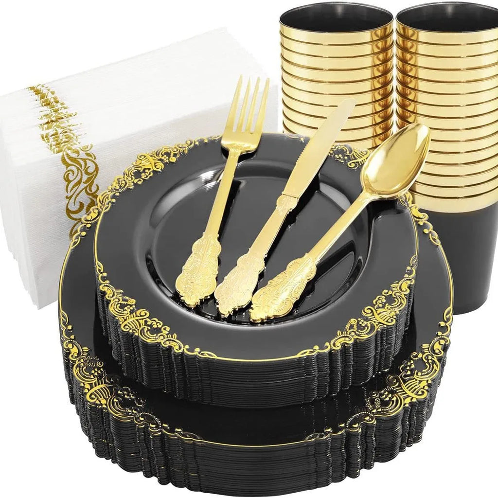 Black Gold Rim Plastic Plates — 2 MOQ, 45-Day Lead, Premium Event