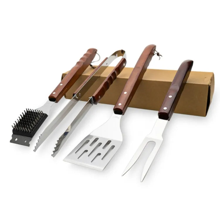 Custom Wooden Handle BBQ Tool Set: Stainless Steel, Laser Engraved Logo, MOQ 100 for Grilling & Camping