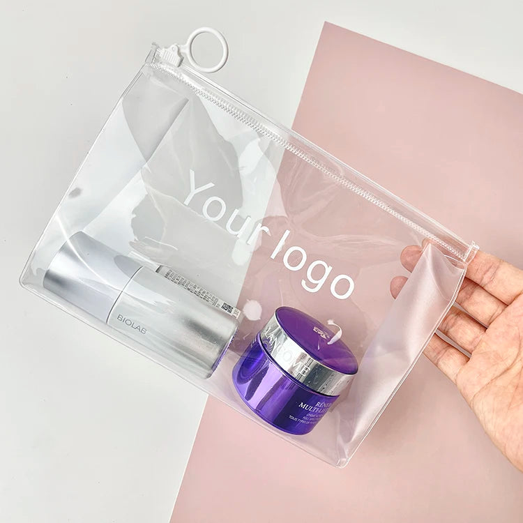 Custom Transparent PVC Cosmetic Bag | 100 MOQ Stock, Digital Print | Bulk for Beauty Brands