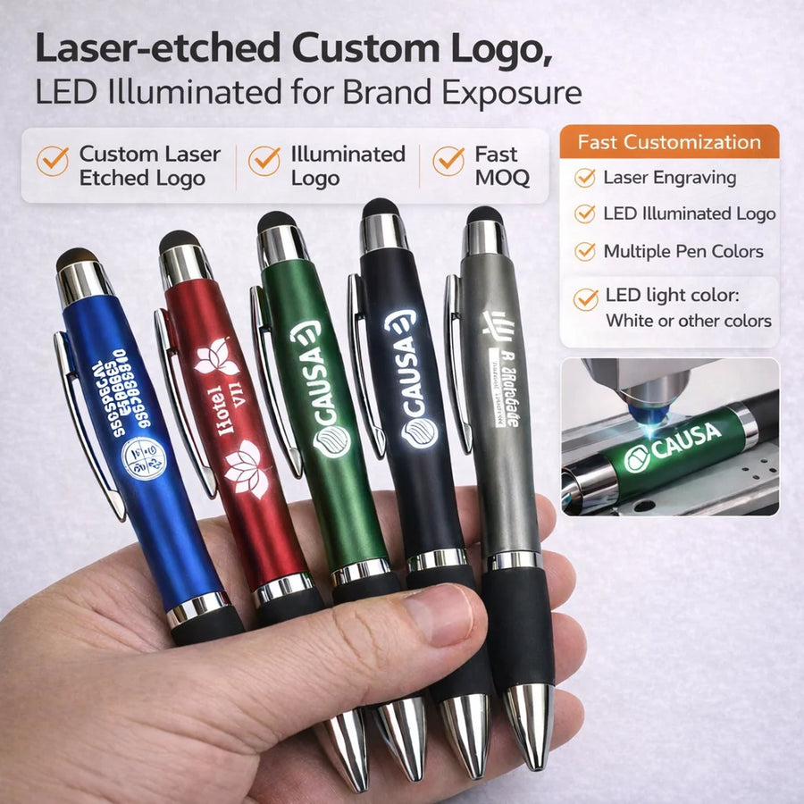 Custom 3-in-1 LED Pens 100 MOQ | Laser Engraving Stylus Promotional Gifts