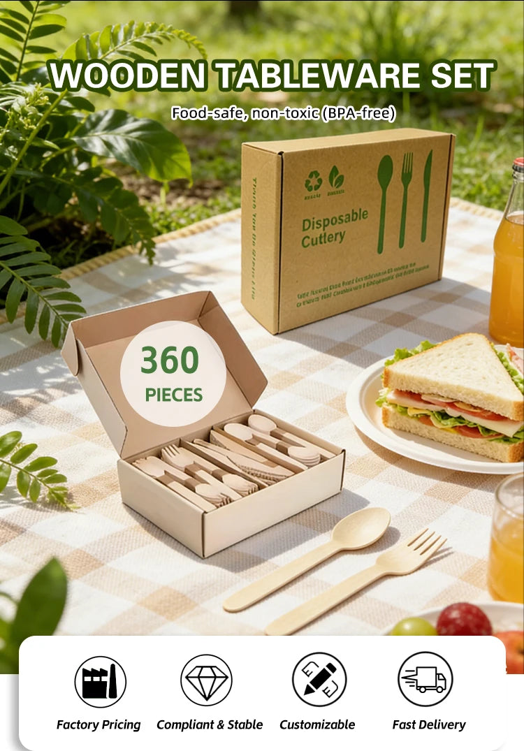 Boxed Disposable Wooden Cutlery Sets | 16cm Birch Hotel Cutlery