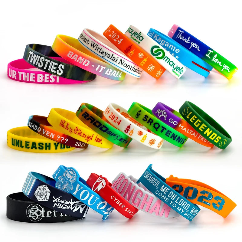 Custom Silicone Wristbands 100pcs MOQ | From $0.12/pc, Free Artwork, 6 Widths, Glow/UV Colors