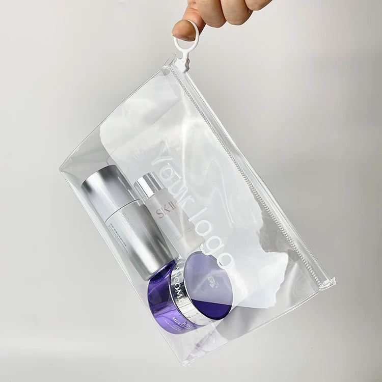 Custom Transparent PVC Cosmetic Bag | 100 MOQ Stock, Digital Print | Bulk for Beauty Brands