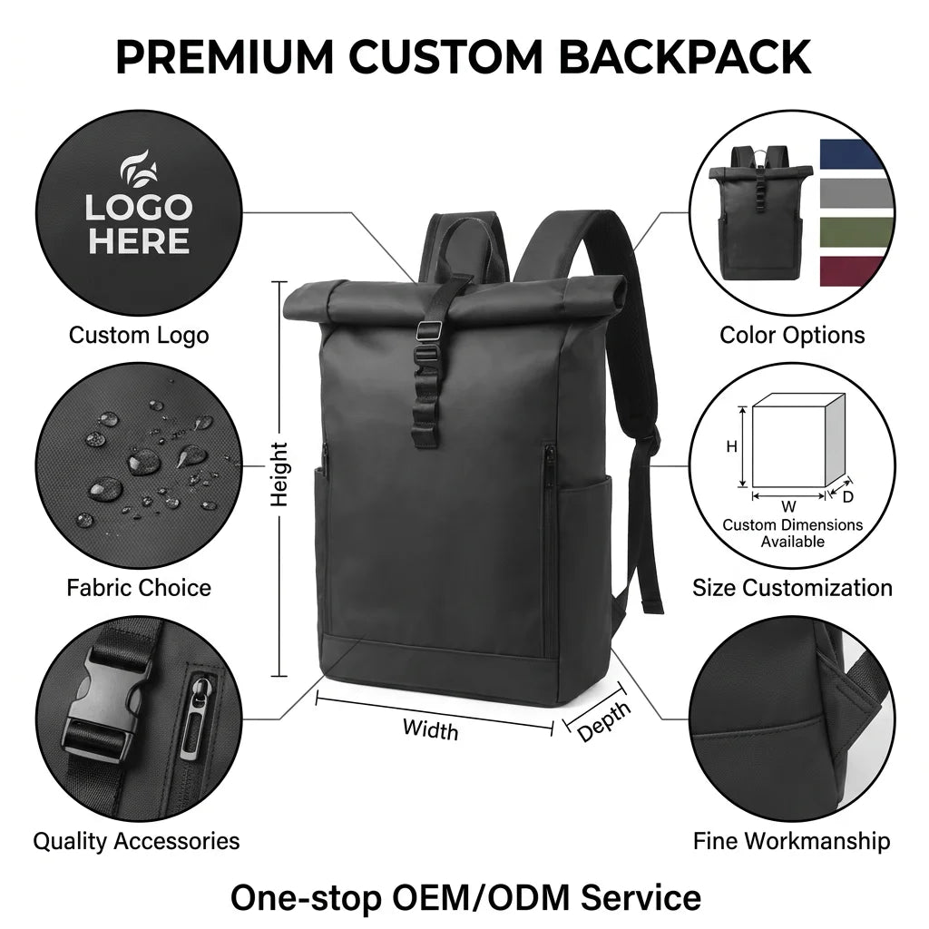 Custom Roll-Top Backpack with Logo | Bulk MOQ 50