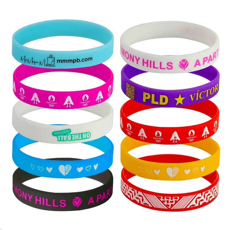 Custom Silicone Wristbands 100pcs MOQ | From $0.12/pc, Free Artwork, 6 Widths, Glow/UV Colors