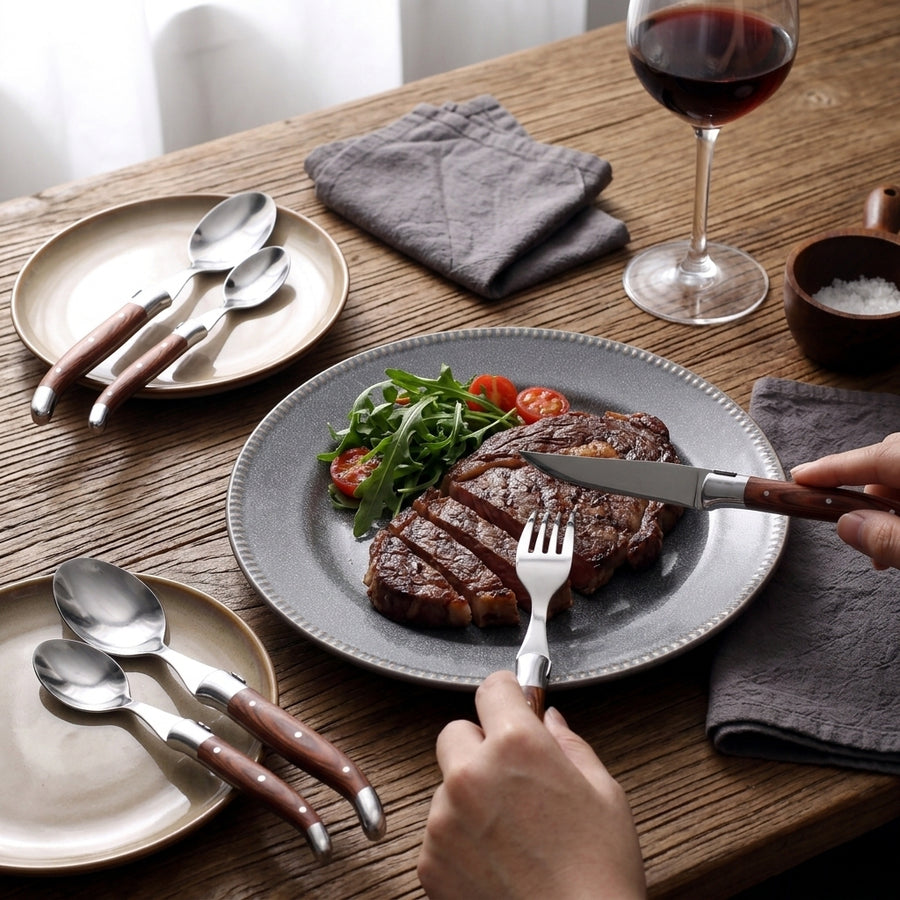 Custom Flatware Set — 4-Piece Stainless Steel with Pakka Wood Handle