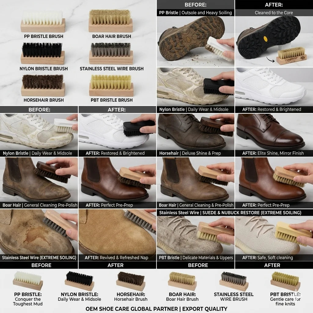 Custom Logo Shoe Cleaning Brush OEM ODM | Wood Handle Horsehair Bristle Kit for Sneaker Leather Suede Bulk Orders