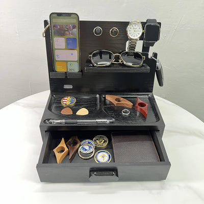 Custom Solid Wood Docking Station with Drawer | Laser Engraved, 100 MOQ, Ash-Tree