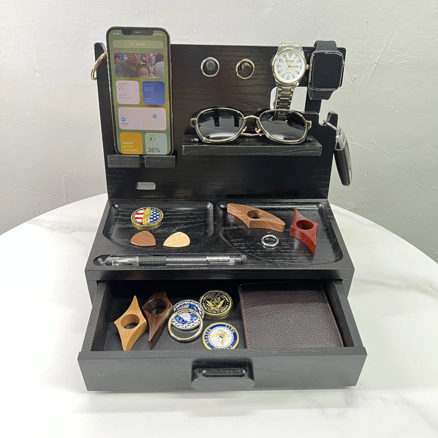 Custom Solid Wood Docking Station with Drawer | Laser Engraved, 100 MOQ, Ash-Tree
