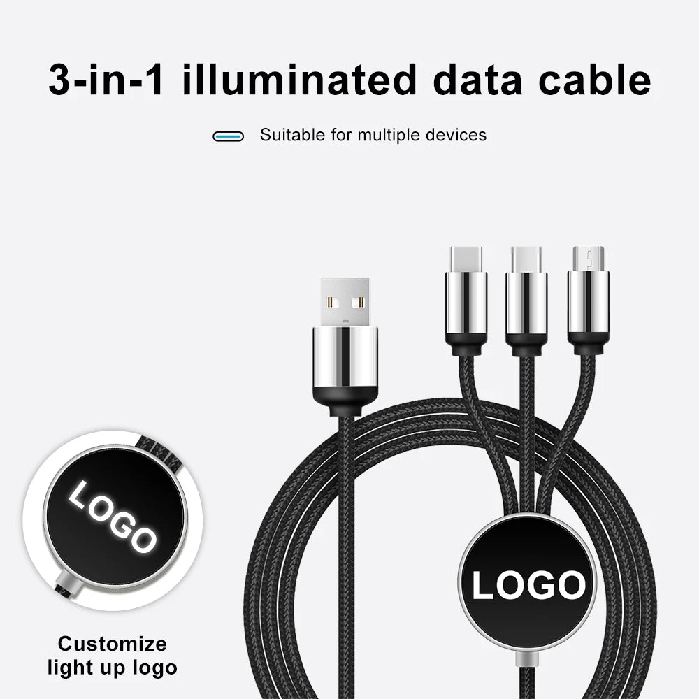 Custom 3-in-1 Braided Charging Cable with LED Logo Disc