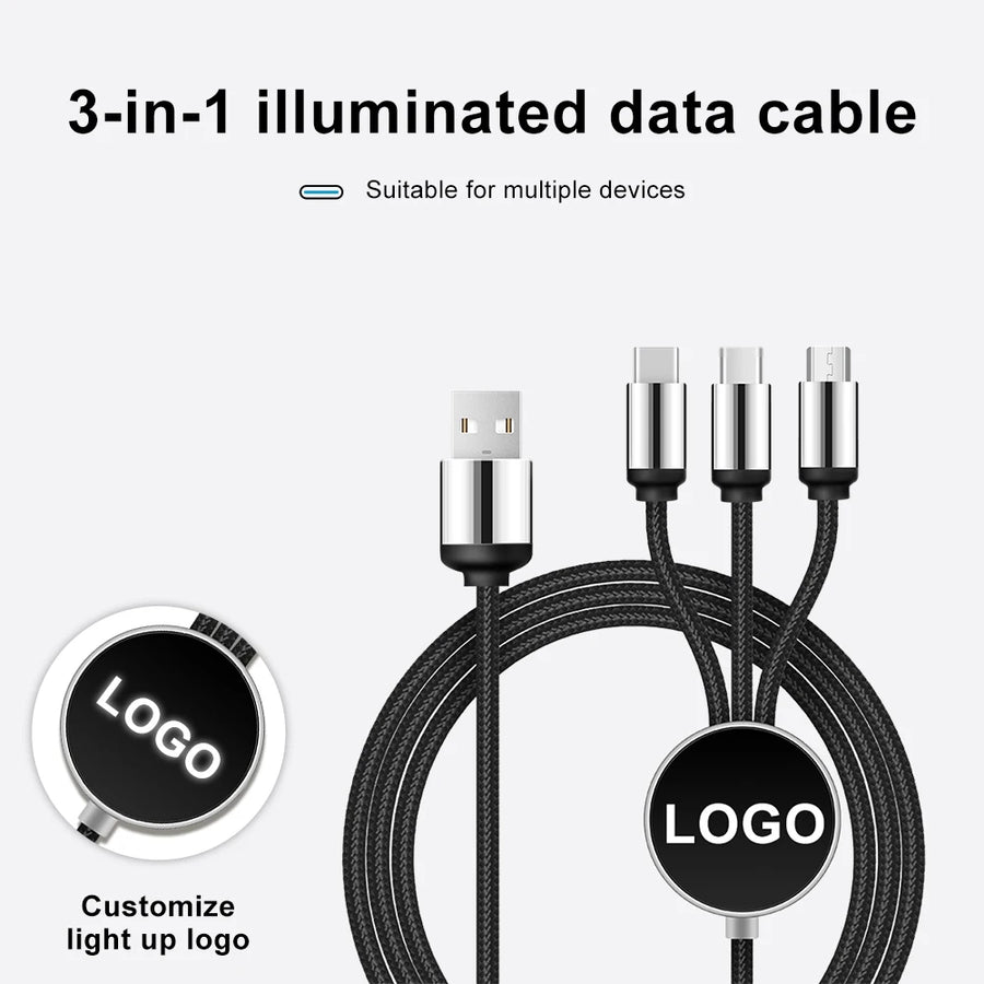 Custom 3-in-1 Braided Charging Cable with LED Logo Disc