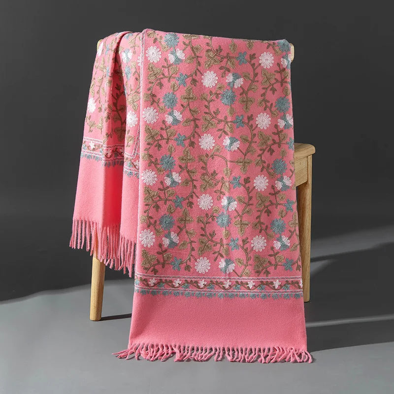 Embroidered Winter Polyester Scarf | Floral Design | Tassel Finish | 1 MOQ | Modest Fashion