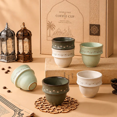 Handmade Arabic Coffee Cups: 1,000 MOQ, 80ml, Stackable | Lead-Free Stoneware Middle Eastern Style