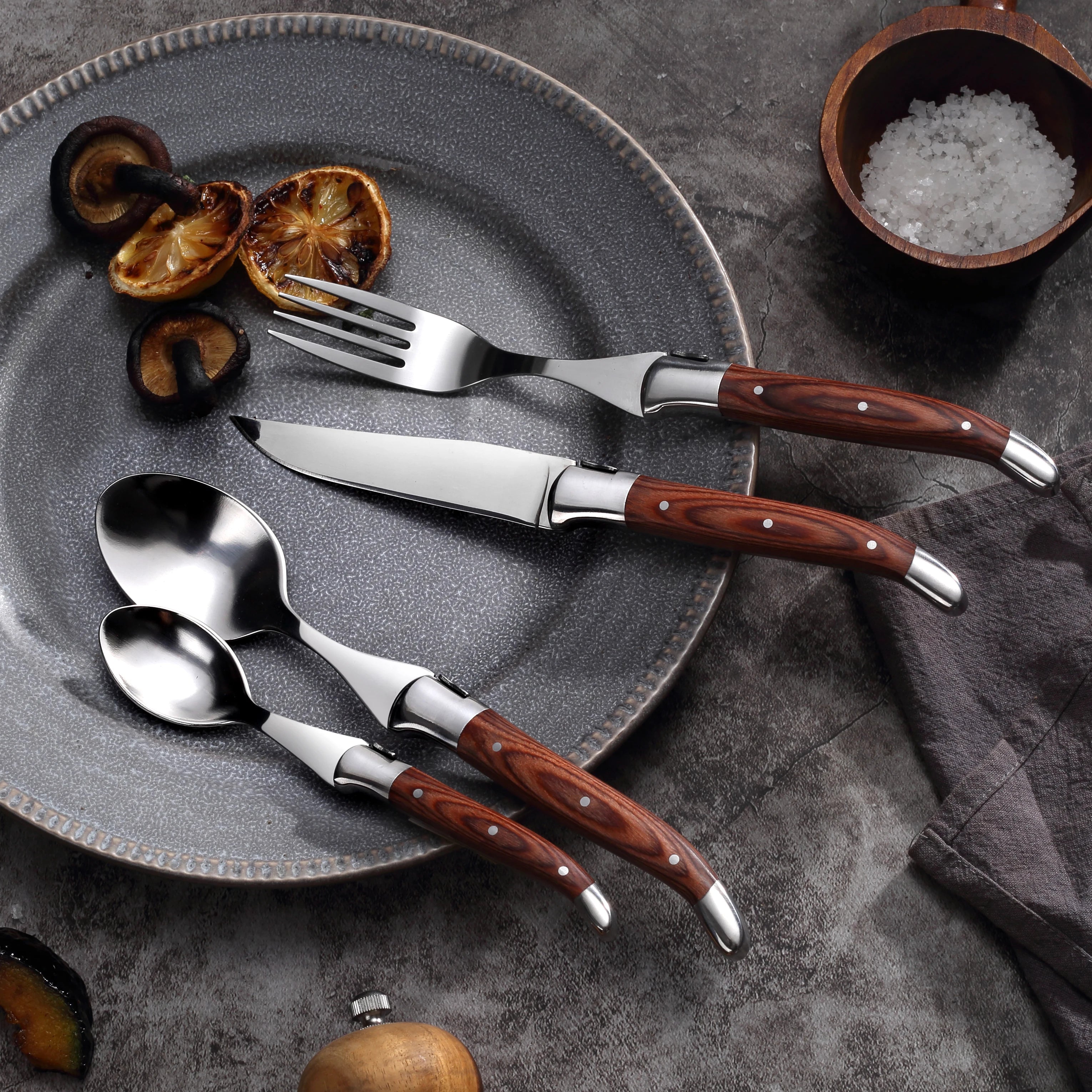 Custom Flatware Set — 4-Piece Stainless Steel with Pakka Wood Handle