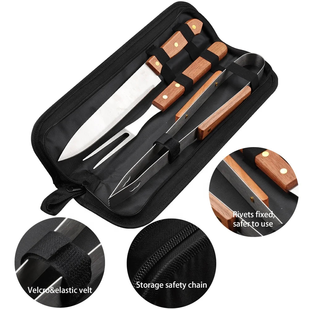 4 Pieces OEM Engraved Soild Wooden Handle Barbeque Grill Tool Barbecue Accessories Set BBQ Accessories With Portable Bag