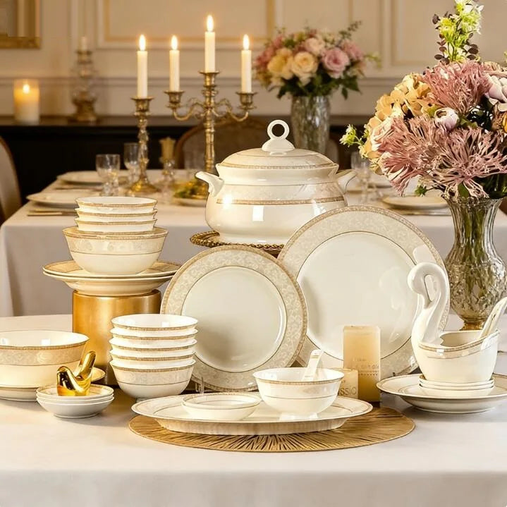 24pcs Embossed Gold Porcelain Tableware Set | Luxury Bone China