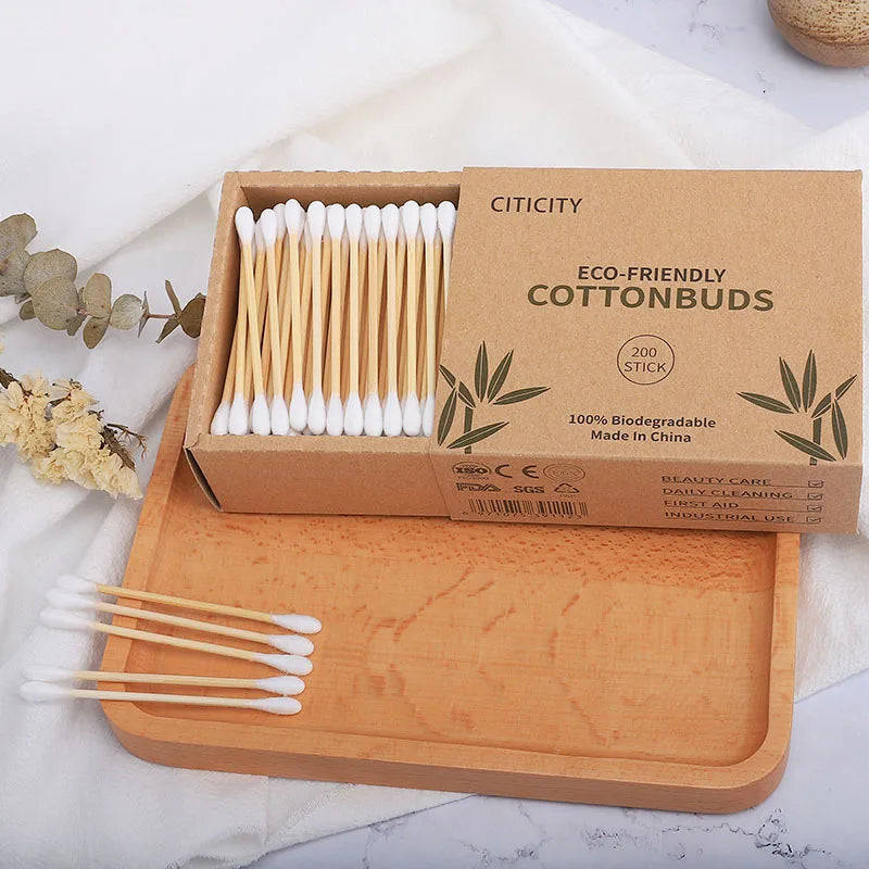 Eco-Friendly Cotton Buds 200pcs | Bamboo Sticks | Kraft Box | Bulk