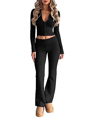 Private Label Women’s Knit Two Piece Set with Zip Crop Top and Wide Leg Sweater Pants for Fall Retail & Brand Custom Orders