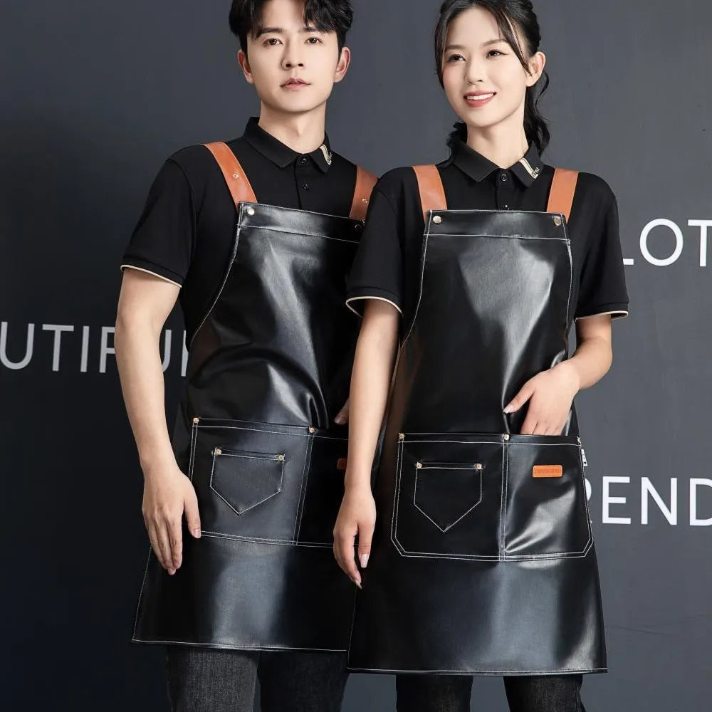 Custom PU Leather Sleeved Aprons with Logo | 50 MOQ for Restaurant Kitchen & Catering Staff Uniforms