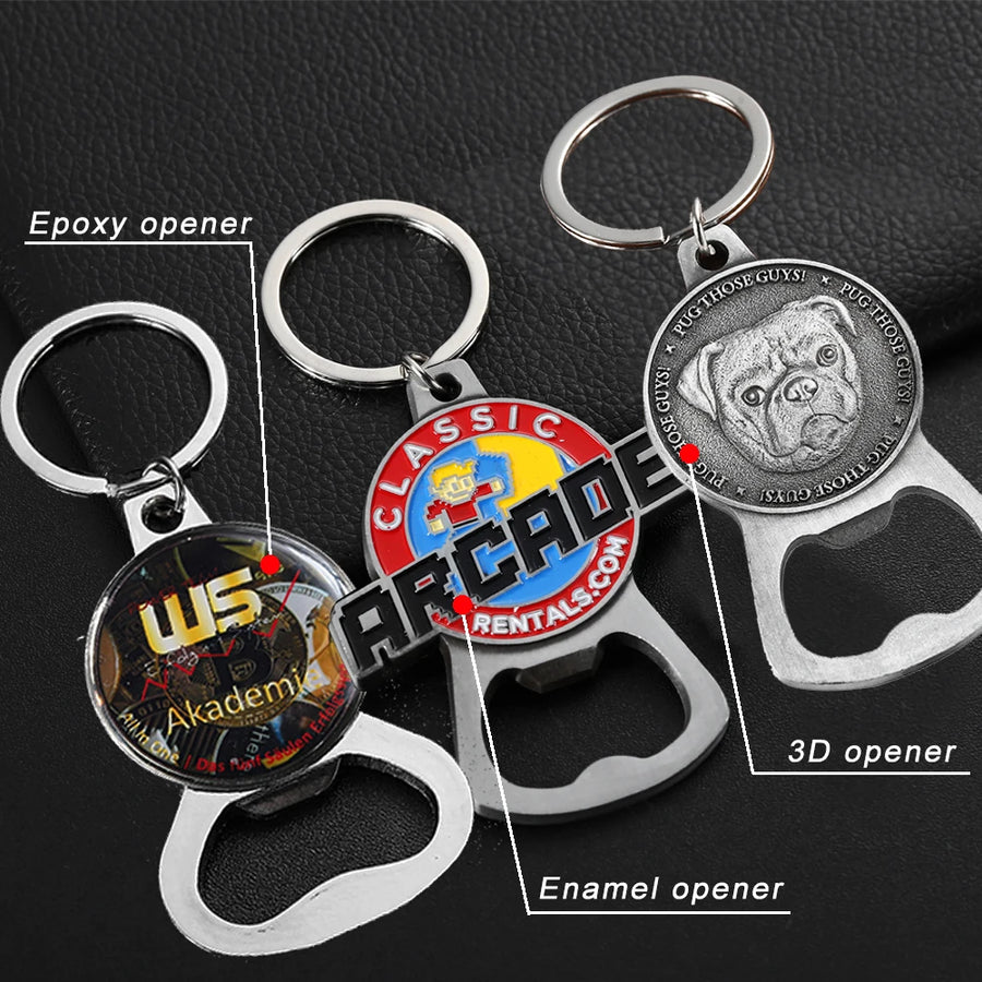 Custom Bottle Opener Keychains with Logo | Zinc Alloy, 50 MOQ