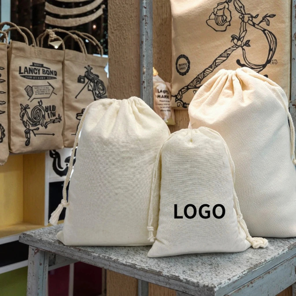 Custom Cotton Muslin Pouches with Logo | MOQ 1,000 | Hot Stamping
