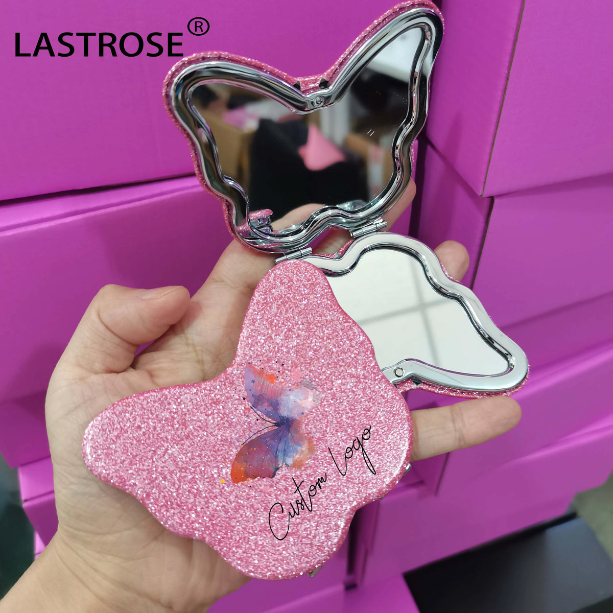 Butterfly-Shaped Mirrors with Logo | Glitter PU Leather | Wholesale