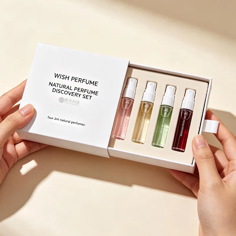 Custom Perfume Sample Gift Sets 500 MOQ | Book-Shaped Magnetic Box 4×2ml