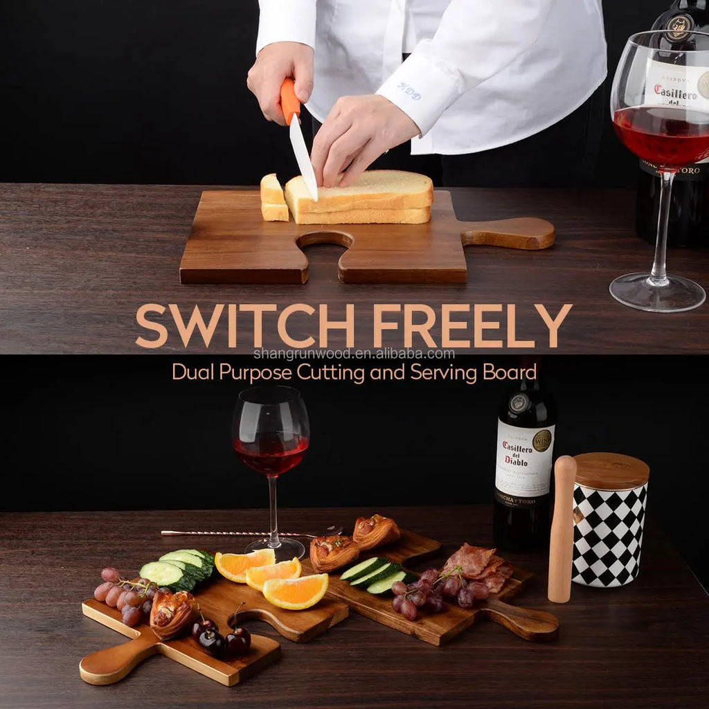 Acacia Wood Cutting Board Set | Charcuterie Board with Puzzle Handles