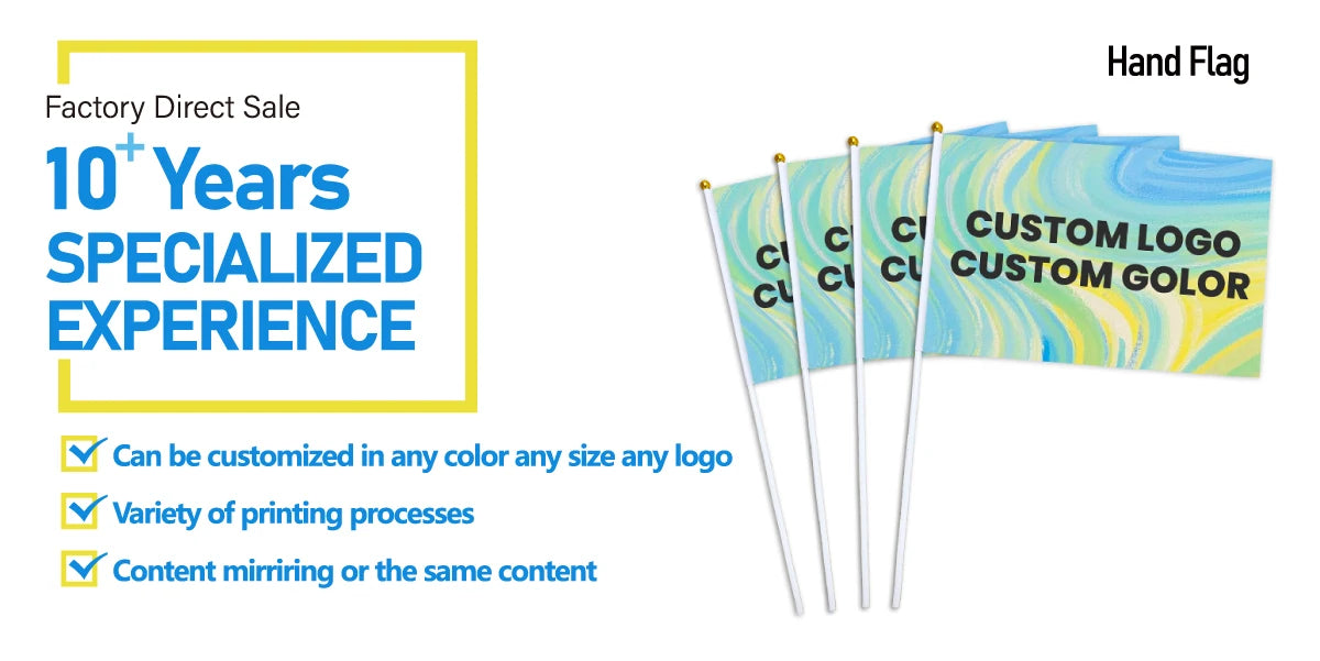 Custom Hand Held Waving Flags | 100 MOQ | 5 Day Lead Time | Polyester