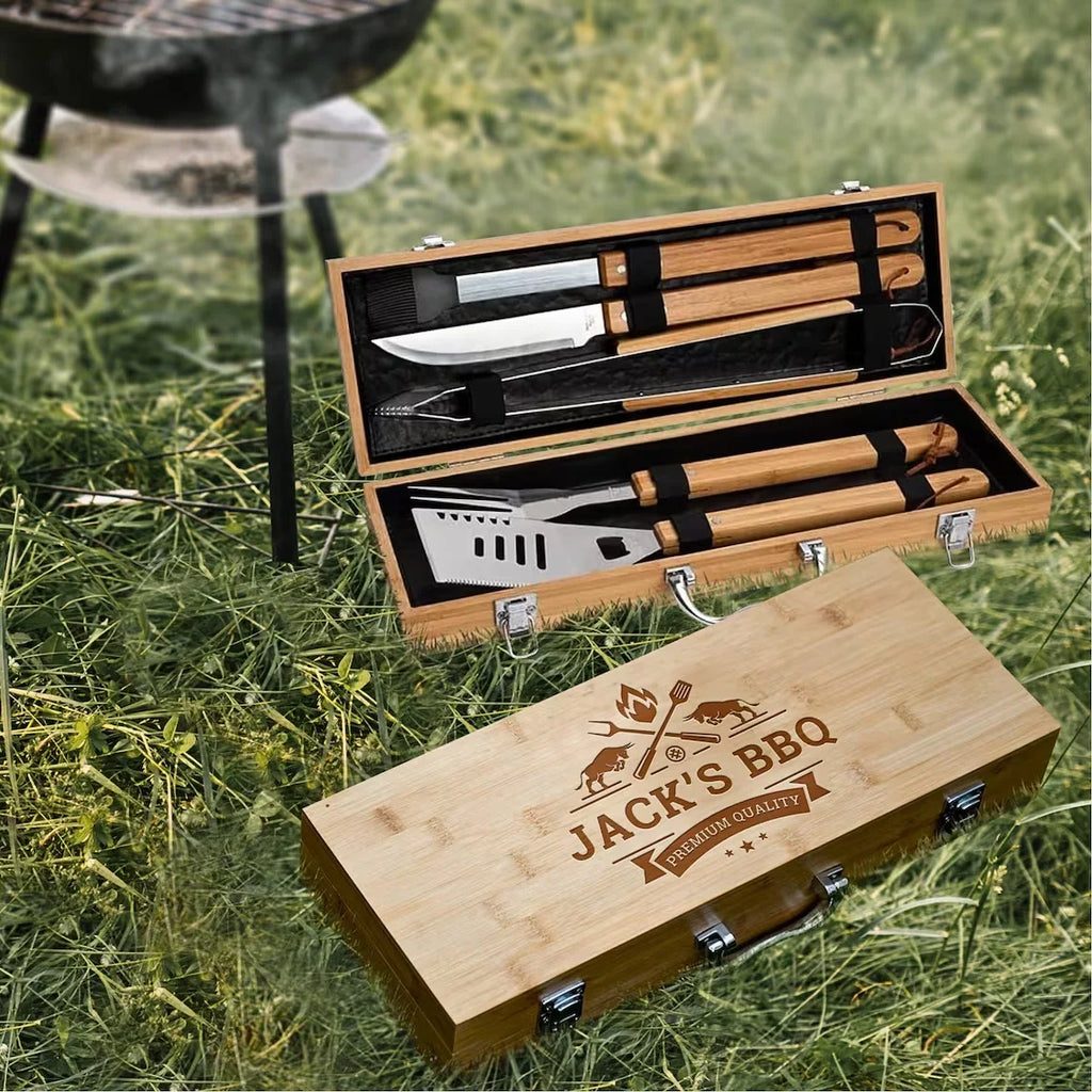 Custom Engraved Bamboo BBQ Set | 200 MOQ | 25-Day Lead Time