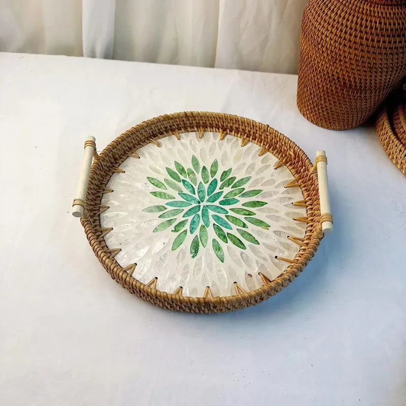 Double-Ear Rattan Fruit Plate | Hand-Woven | 50 MOQ | Colorful Shell