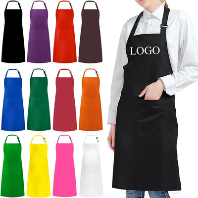 Custom Logo Unisex Bib Aprons with 2 Pockets for Cooking Kitchen Advertising Adjustable Waterproof Extra Large Long Ties Apron