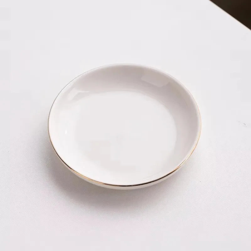 Custom Ceramic Trinket Dishes: 100 MOQ, Golden Edge, 10.5cm | Wedding & Jewelry Display Plates